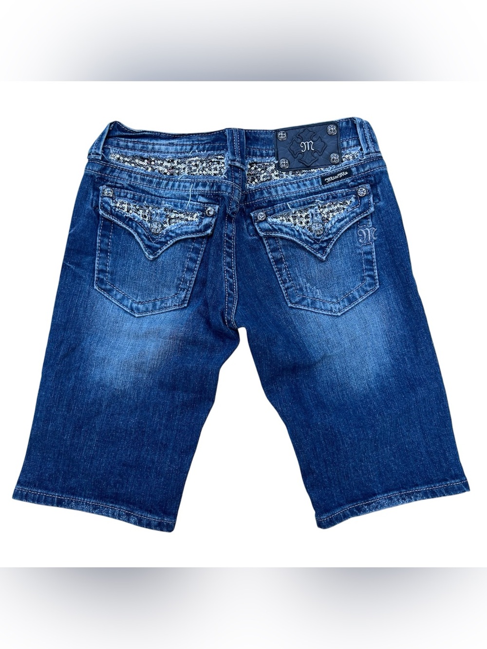 Miss Me Blue Denim Jean Shorts with Sequin-Trim Back Pockets SZ 27